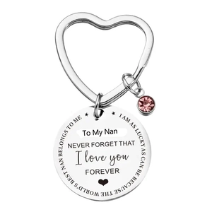 Stainless steel heart keyring with engraved message and pink birthstone for Nana