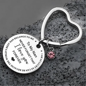 Stainless steel heart keychain for Nan with engraved charm and pink birthstone pendant