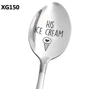 Macro shot of stainless steel coffee spoon with 'HIS ICE CREAM' engraving and heart icon