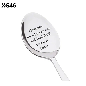Detail of mirror-polished stainless steel spoon with laser-engraved romantic lettering