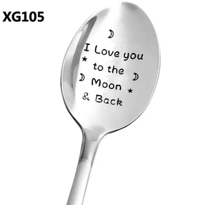 Macro shot of stainless steel spoon with I Love You to the Moon and Back engraving