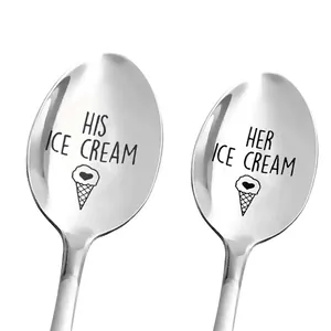Stainless Steel Engraved Coffee Spoon Ice Cream Spoon Long Handle Mirror Polished Funny Gift Spoon For Couple Wedding Party