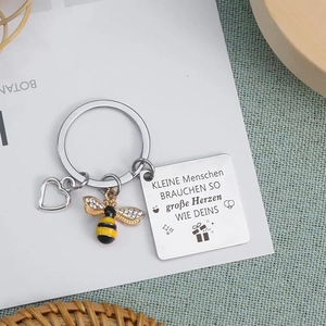 Stainless steel teacher keychain with bee charm and heart, German engraved gift set