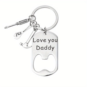 Detail of silver bottle opener keychain with Love You Daddy engraving and tool charms