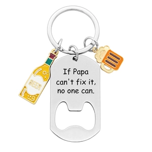 Detail of Father's Day stainless steel bottle opener keychain with beer charms