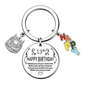Stainless steel birthday keychain with 13th happy birthday charm and cake pendant