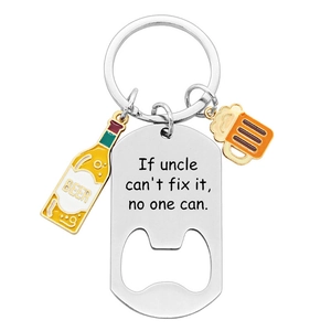 Close-up of stainless steel bottle opener keychain with tools and beer charms