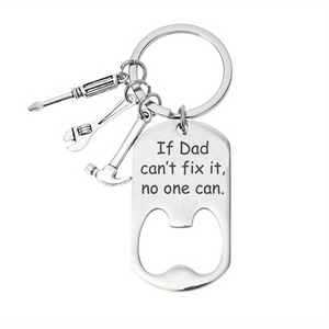 Polished stainless steel tool keychain with hammer, wrench, screwdriver and dad's gift tag