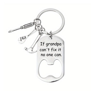 Detail of silver bottle opener keychain with miniature tool charms and grandpa quote