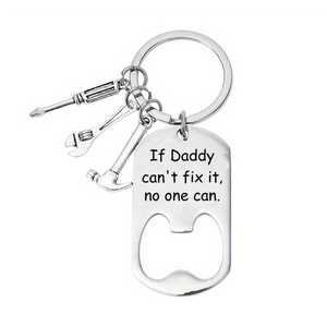 Close-up of Father's Day keychain featuring hammer, wrench, screwdriver and bottle opener