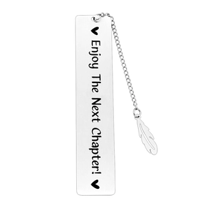 Polished stainless steel bookmark with Enjoy The Next Chapter engraving and feather pendant