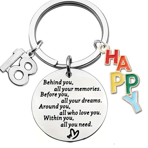 Porte-clés d'anniversaire inspirant en acier inoxydable avec chiffre 18 et plaque gravée