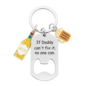 Detail of Father's Day stainless steel bottle opener keychain with tool charms