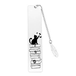 Stainless steel bookmark with cat art, stack of books, and silver feather pendant