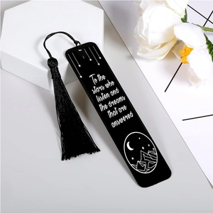 Marque-page noir en acier inoxydable avec pompon et citation To the stars avec montagnes