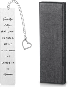 Detail of silver stainless steel bookmark with heart charm and gift box for colleagues