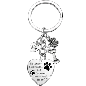 Stainless Steel Pet Memorial Keychain Heart Bone Paw Print Charm Engraved Sympathy Gift For Dog Cat Lovers Silver Metal Key Ring