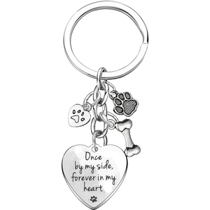 Silver stainless steel pet memorial keychain with engraved heart bone and paw pendants