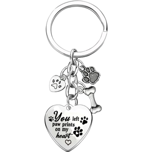 Stainless steel pet memorial keychain with engraved heart and paw print charms