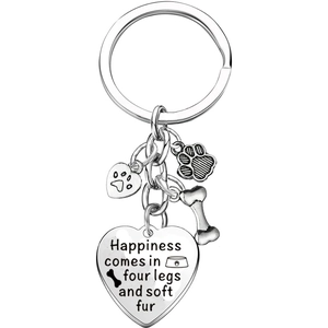 Macro detail of engraved stainless steel heart keychain with pet paw and bone charms