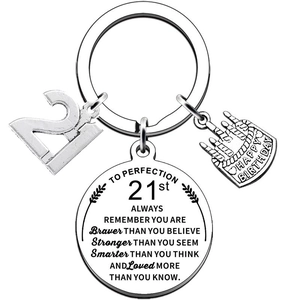Detail of 21st birthday stainless steel keychain with cake charm and engraved quote