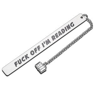 Silver stainless steel bookmark engraved with Fuck Off I'm Reading and book pendant