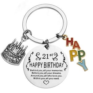 Porte-clés 21e anniversaire en acier inoxydable avec pendentifs inspirants et tags en émail