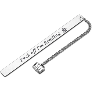 Polished stainless steel bookmark with Fxxk off text and book pendant on white background
