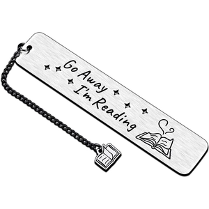 Brushed stainless steel bookmark with Go Away I'm Reading engraving and book charm
