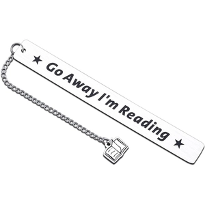 Detail of stainless steel bookmark with Go Away I'm Reading text and tiny book charm