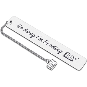 Detail of stainless steel bookmark with Go Away I'm Reading text and book pendant