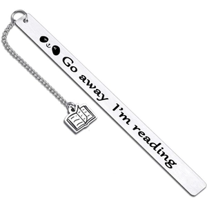 Detail of stainless steel bookmark with Go away I'm reading slogan and panda icon