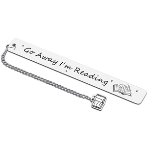 Polished stainless steel bookmark with Go Away I'm Reading engraving and book pendant