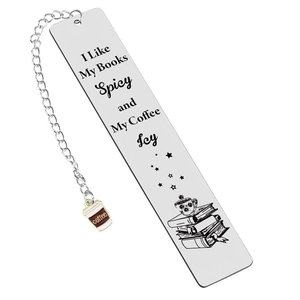 Segnalibro in acciaio inox con incisione I Like My Books Spicy e ciondolo a tazza