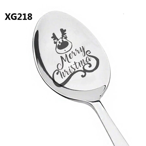 Detail of laser-engraved reindeer and Merry Christmas text on a steel spoon
