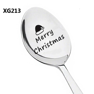 Detailed view of Merry Christmas laser engraving on polished stainless steel spoon head