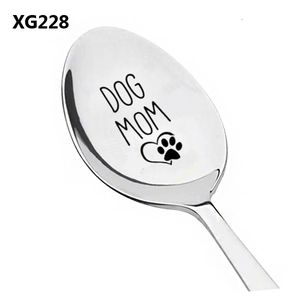Polished stainless steel spoon with Dog Mom engraving and heart paw print icon