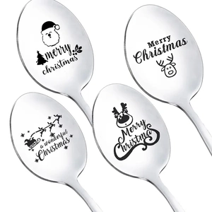 Stainless Steel Christmas Spoon Laser Engraved Coffee Dessert Spoon Silver Mirror Polished Holiday Gift Tableware