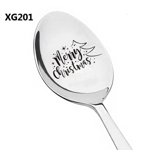 Merry Christmas stainless steel spoon with laser engraved stars and holiday greetings