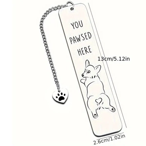 Stainless steel pet bookmark with Corgi pattern and heart-shaped paw print pendant