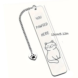Stainless steel bookmark with cat motif, You Pawsed Here text and heart charm
