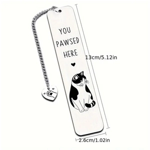 Stainless steel pet bookmark with heart paw pendant and funny cat illustration