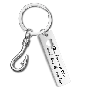 Macro detail of stainless steel keychain with hook pendant and heart engraving