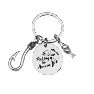 Detail view of stainless steel keychain with fish hook and Fishing in Heaven engraved disc