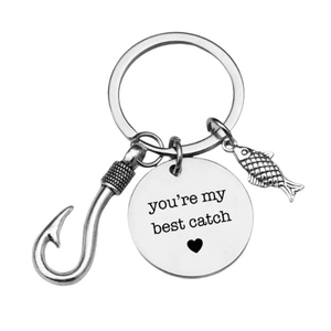 Polished stainless steel keychain with fish charm and 'you're my best catch' engraving