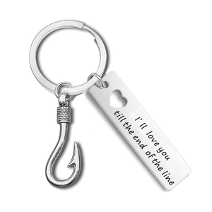 Stainless steel fish hook keychain with heart engraving and romantic quote for lovers