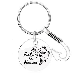 Polished stainless steel fishing keychain with Fishing in Heaven engraving and hook detail