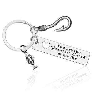 Polished stainless steel fishing hook keychain with You are the Greatest Catch engraving
