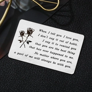 Silver stainless steel wallet insert card with engraved roses and sentimental message