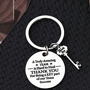 Polished stainless steel keychain for colleagues with inspiring team work quote engraving
